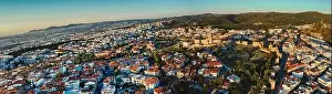 Thessaloniki Prints: Aerial drone view of old Byzantine castle and the famous city of Thessaloniki or Salonica at sunset