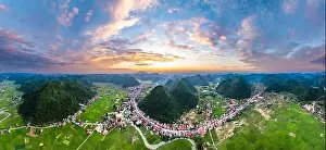 Sapa Prints: Aerial drone view panorama of Bac Son rice field valley at sunset, Lang Son, Vietnam