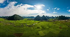 Sapa Prints: Aerial drone view panorama of Bac Son rice field valley at sunset, Lang Son, Vietnam
