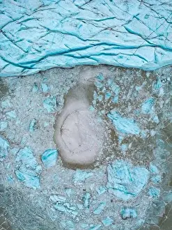 Aerial drone view of particular ice textures formed in the Hoffelsjokull glacier following global warming