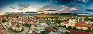 Hoar Prints: Aerial drone view of Podolinec, the town near Stara Lubovna, Slovakia, during sunset