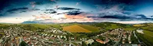 Hoar Prints: Aerial drone view of Podolinec, the town near Stara Lubovna, Slovakia, during sunset