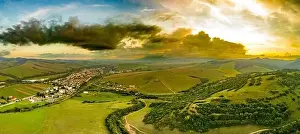 Hoar Prints: Aerial drone view of Podolinec, the town near Stara Lubovna, Slovakia, during sunset