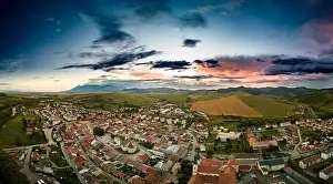 Hoar Prints: Aerial drone view of Podolinec, the town near Stara Lubovna, Slovakia, during sunset