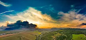 Hoar Prints: Aerial drone view of Podolinec, the town near Stara Lubovna, Slovakia, during sunset