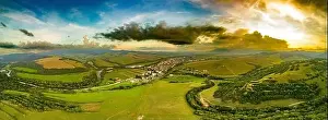Hoar Prints: Aerial drone view of Podolinec, the town near Stara Lubovna, Slovakia, during sunset