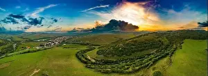 Hoar Prints: Aerial drone view of Podolinec, the town near Stara Lubovna, Slovakia, during sunset