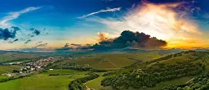 Hoar Prints: Aerial drone view of Podolinec, the town near Stara Lubovna, Slovakia, during sunset