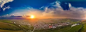 Hoar Prints: Aerial drone view of Podolinec, the town near Stara Lubovna, Slovakia, during sunset