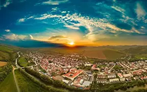 Hoar Prints: Aerial drone view of Podolinec, the town near Stara Lubovna, Slovakia, during sunset