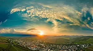 Hoar Prints: Aerial drone view of Podolinec, the town near Stara Lubovna, Slovakia, during sunset