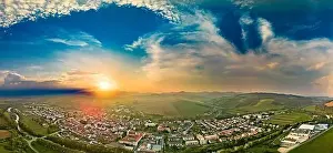 Hoar Prints: Aerial drone view of Podolinec, the town near Stara Lubovna, Slovakia, during sunset