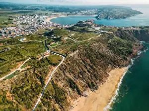 Entire Prints: Aerial drone view of Praia da Gralha looking towards Sao Martinho do Porto, Portugal