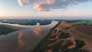 Bulk Prints: Aerial drone view of river landscape in sunny summer evening