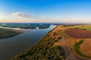 Bulk Prints: Aerial drone view of river landscape in sunny summer evening