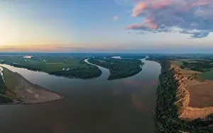 Bulk Prints: Aerial drone view of river landscape in sunny summer evening