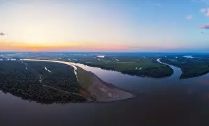 Bulk Prints: Aerial drone view of river landscape in sunny summer evening