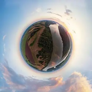 Bulk Prints: Aerial drone view of river landscape in sunny summer evening