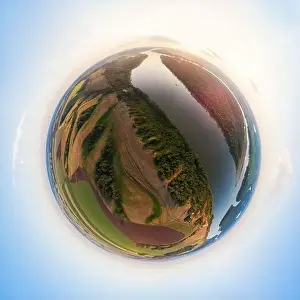 Bulk Prints: Aerial drone view of river landscape in sunny summer evening