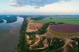 Bulk Prints: Aerial drone view of river landscape in sunny summer evening