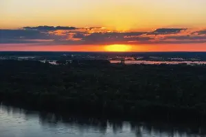 Bulk Prints: Aerial drone view of river landscape in sunny summer sunset