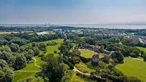 Castell Prints: Aerial drone view of the ruins of ancient Caldicot Castle in South Wales, United Kingdom