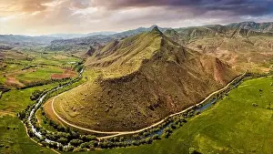 Hill Mountain Prints: Aerial drone view over scenic peak mountain or ancient stratovolcano in Armenia