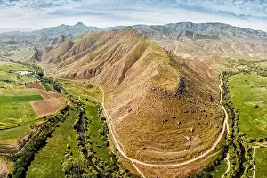 Hill Mountain Prints: Aerial drone view over scenic peak mountain or ancient stratovolcano in Armenia