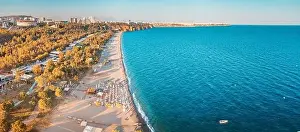 Water Tourism Prints: Aerial drone view of scenic and popular Konyaalti beach in Antalya resort town