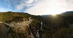 Drone Landscape Prints: Aerial drone view of Sea to Sky Highway during a bright winter sunset