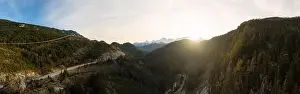 Drone Landscape Prints: Aerial drone view of Sea to Sky Highway during a bright winter sunset