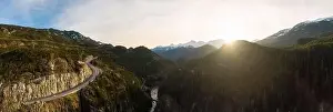 Drone Landscape Prints: Aerial drone view of Sea to Sky Highway during a bright winter sunset