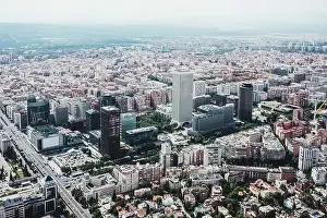 From above aerial drone view shot of city with dense infrastructure in Madrid, Spain
