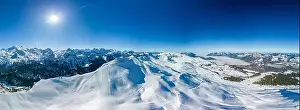 Stoos Prints: Aerial drone view of snow covered mountains and ski slopes, ski area Stoos, Switzerland