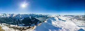 Stoos Prints: Aerial drone view of snow covered mountains and ski slopes, ski area Stoos, Switzerland