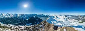 Aerial drone view of snow covered mountains and ski slopes, ski area Stoos, Switzerland
