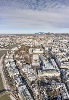Salzach Prints: Aerial drone view of snowy Mirabelle Palace in Salzburg downtown center in winter morning