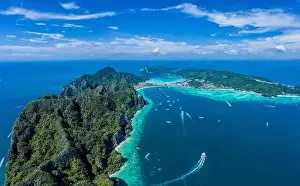 Water Transportation Prints: Aerial drone view of tropical turquoise water Maya Bay and limestone cliffs
