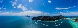 Water Transportation Prints: Aerial drone view of tropical turquoise water Maya Bay and limestone cliffs