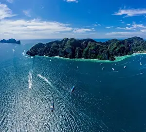 Water Transportation Prints: Aerial drone view of tropical turquoise water Maya Bay and limestone cliffs