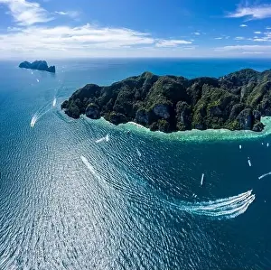 Water Transportation Prints: Aerial drone view of tropical turquoise water Maya Bay and limestone cliffs