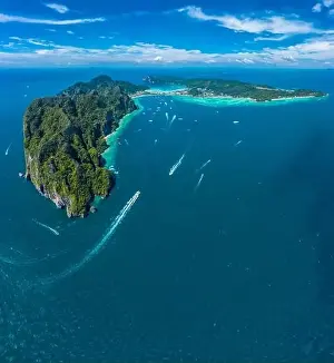 Water Transportation Prints: Aerial drone view of tropical turquoise water Maya Bay and limestone cliffs