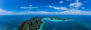Water Transportation Prints: Aerial drone view of tropical turquoise water Maya Bay and limestone cliffs