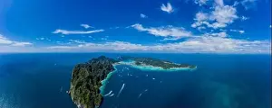 Water Transportation Prints: Aerial drone view of tropical turquoise water Maya Bay and limestone cliffs