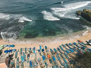 Sand Island Prints: Aerial drone view of umbrellas at the beach in Yogyakarta Indonesia