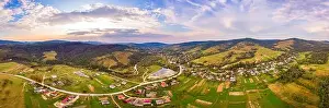 Establishing Shot Prints: Aerial drone view of urban village Pidbuzh in Carpathians