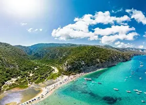 Aerial drone view of the vibrant Cala Luna Beach on Sardinia island, Italy