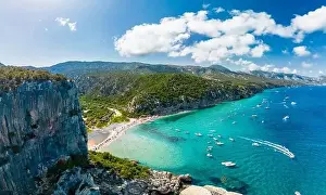 Aerial drone view of the vibrant Cala Luna Beach on Sardinia island, Italy