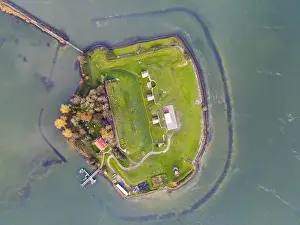 Waterland Prints: Top down aerial drone view of Vuurtoreneiland in Amsterdam, The Netherlands a small island