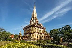 Aerial drone view of Wat Chalong a Thai buddhist temple located in Phuket, Thailand